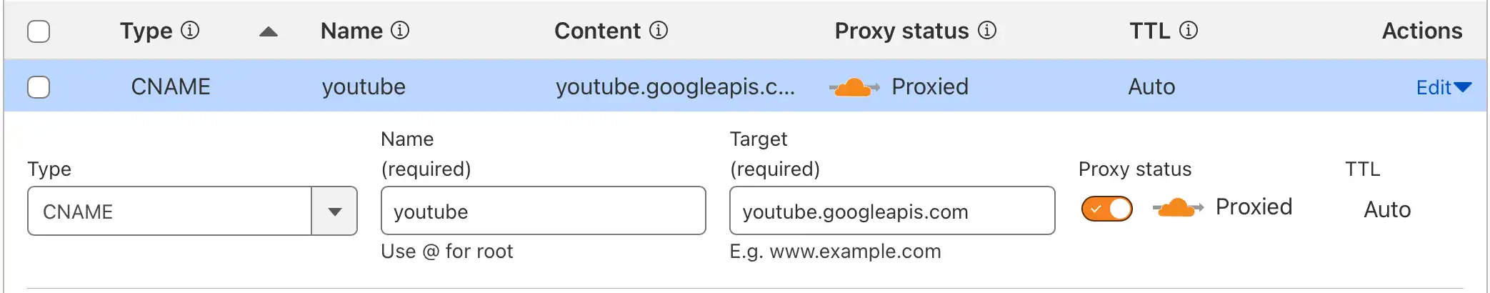 image of cloudflare settings proxying to youtube API&rsquo;s