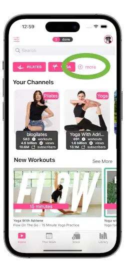 image of MzFit app highlighting the change to a +more button