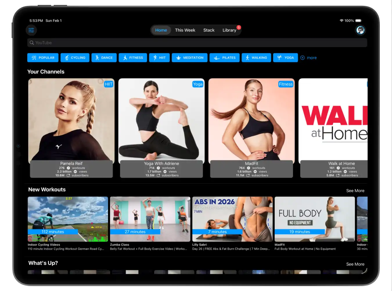 Image of MzFit Home Screen with popular YouTube workout channels
